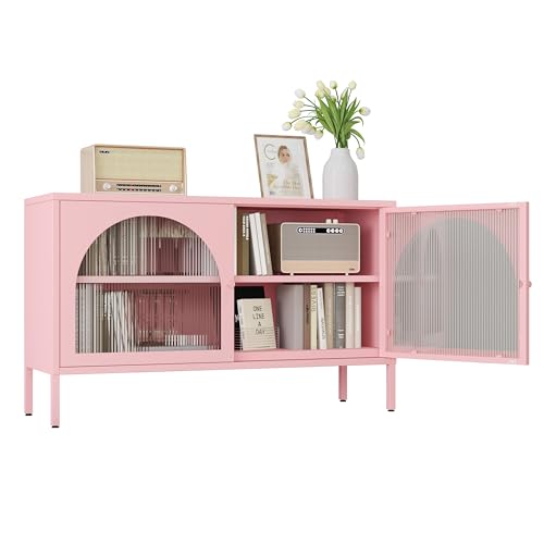 Translucent Door Storage Cabinet with Adjustable Shelves,Metal TV Stand,Multipurpose Metal Storage Accent Cabinet for Home, Office, Entryway,LivingRoom (Pink) - color: Pink, style: 40.16‘’tv stand cabinet