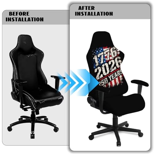 American Flag Print 4Pcs Gaming Chair Slip Cover Set United State 250th Anniversary Game Chair Cover with Armrest Covers, Universal Fit, Machine Washable - color: Black and Multi - American Flag