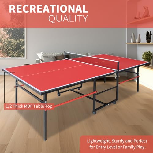 8FT Outdoor Ping Pong Table, Foldable & Portable Table Tennis Set with Net, 2 Paddles & 3 Balls, Game Table with Single Player Playback Mode - color: Red