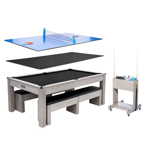 7FT 3-in-1 Convertible Pool Table for Home & Game Rooms – Billiard, Dining, and Table Tennis Combo – Includes Cue Sticks, Balls, Table Tennis Accessories, and Rolling Storage Cart – - color: Black