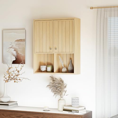 Bathroom Storage Cabinet Wall Mounted, Pre-Assembled Wood Medicine Cabinet with 2 Doors, Slim Hanging Wall Cabinet Over The Toilet for Small Spaces, Modern Farmhouse Style,Natural Oak