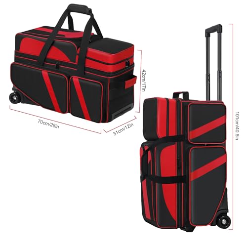 3 Ball Bowling Roller Bag with Smooth Wheels & Shoe Compartment, Heavy Duty 3 Ball Bowling Bag with Retractable Handle, Large Capacity Bowling Bag with Multi-pockets for Tournament, Travel, League - color: Red