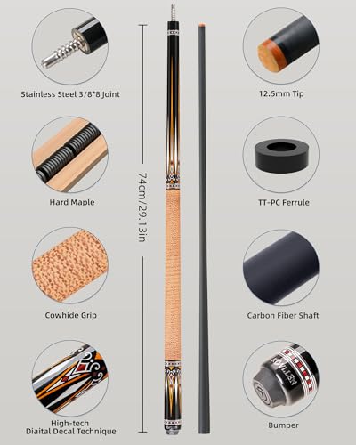 KONLLEN Carbon Fiber Pool Cue Stick 58-inch Professional Pool Sticks for Adults Full Carbon Technology Low Deflection Pool Cue Billiard Cues with 12.5mm Tip (Easy to Control, Pro Taper, Ultra-Smooth) - color: 013 yellow