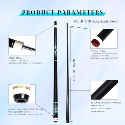 58" 19-20oz 2-Piece Carbon Pool Cue Stick 12.5mm Tip Billiard Carbon Fiber Clue, Billiard Supplies 1/2 Joint Handmade Straight Fit Bulb/Black 8, Nine Balls 19-20 oz (Play Cue)