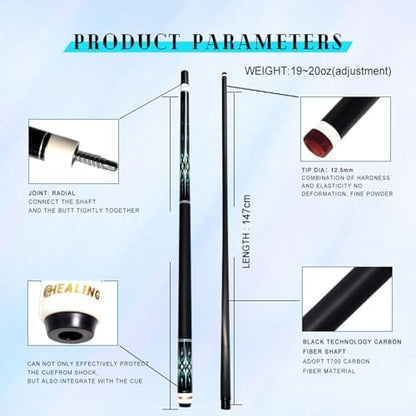 58" 19-20oz 2-Piece Carbon Pool Cue Stick 12.5mm Tip Billiard Carbon Fiber Clue, Billiard Supplies 1/2 Joint Handmade Straight Fit Bulb/Black 8, Nine Balls 19-20 oz (Play Cue)