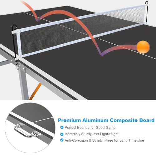 6ft Black Mid-Size Table Tennis Table Foldable & Portable 6ft Ping Pong Table Set, 2 ping-Pong Bats and 3 Balls, Available Indoors