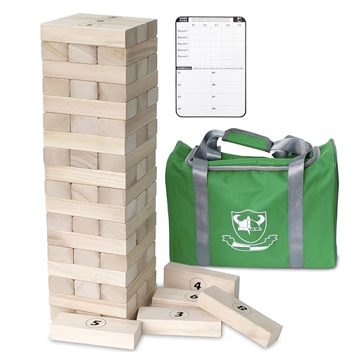 Jac & Mok Tumble Tower Game Set, Stacking Tower Game, Outdoor Games, Wooden Blocks Stacking Game - Includes Carry Bag (Natural, Jumbo-56pcs)