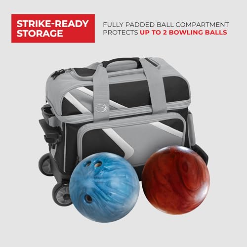 BSI Dash Roller Bowling Bag with Smooth Rolling Wheels, Padded Ball Compartment, Retractable Locking Handle, & Shoe Pocket - color: Black/Gray/White, style: Double