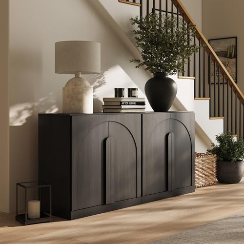 BELLEZE 2 Tier Bookshelf with Arched Wood Door, Set of 2 Modern Display Bookcase Shelf with Storage and Adjustable Shelves, 63" Wood Bookshelves for Living Room Office Entryway (Ebony) - color: Bijou Ebony B, size: 2