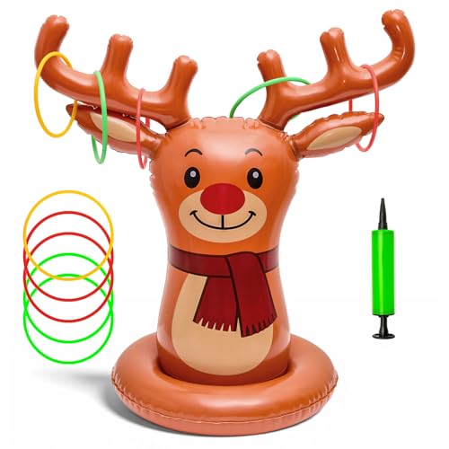 Christmas Reindeer Ring Toss Game for Kids, Inflatable Reindeer Antler Toss Party Games with Pump and Rings, Christmas Party Games for Family, Holiday Indoor Outdoor Fun Toys Xmas Decorations
