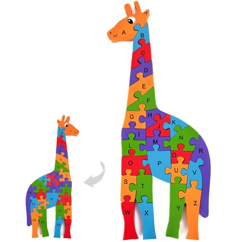 LovesTown Wooden Puzzles for Kids, Double Sided Giraffe Jigsaw with Alphabet & Numbers, Montessori Educational Toy for Toddlers, Chunky Animal Gift - size: Medium, style: Giraffe
