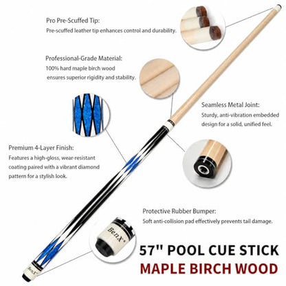 57" Billiard Cue Stick - Maple Birch Wood Pool Cue for 8-Ball & 9-Ball, 13mm Pre-Scuffed Tip, Seamless Metal Joint, 4-Layer Gloss Finish - color: Blue