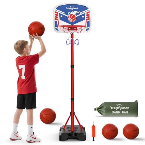 EagleStone Kids Basketball Hoop with Stand, Adjustable Height Basketball Set Toddler Toys for Boys and Girls Age 3-12, Indoor Outdoor Backyard Sport Game Gift with Sandbag for Stability