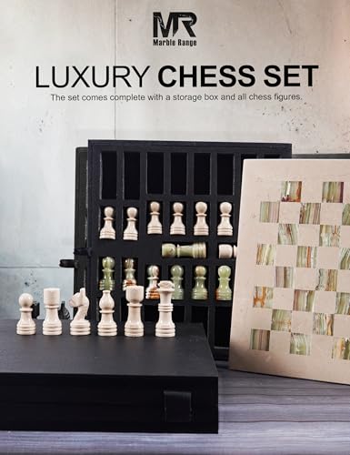 Marble Chess Set 12" Inches Verona and Green with Storage Box and 2 Extra Queen Handmade Classic Board Games for Adults, Luxury Chess Board & Marble Chess Set for Adults - color: Verona & Green