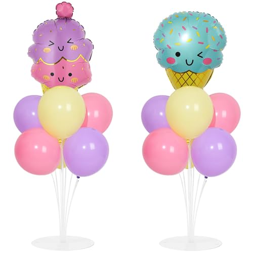 Ice Cream Party Balloons Stand Kit 2 Sets with 2 Macaron Ice Cream Foil Balloons Pastel Sweet One Birthday Balloon Centerpiece for Tables for Girl Birthday Valentine's Day Baby Shower Party Decoration - style: Ice Cream