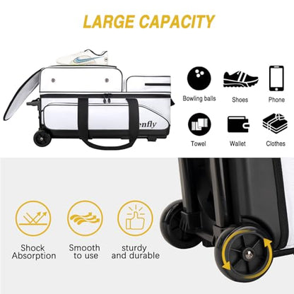 Triple Roller Bowling Bag with Wheels, Heavy Duty 3 Ball Bag for League & Recreational Bowlers - color: White