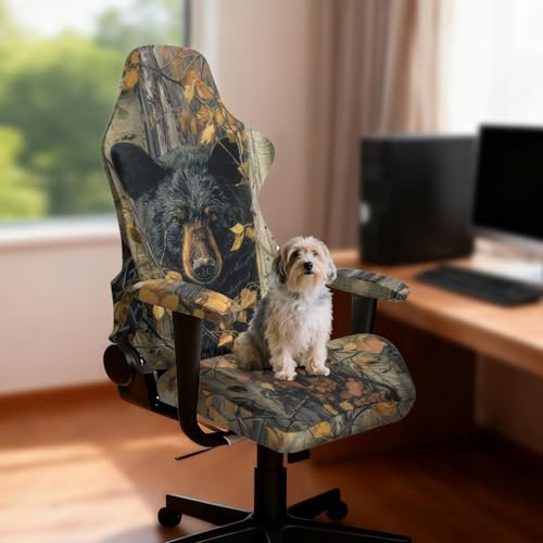Suobstales Bear Hunting Camo Print Gaming Chair Covers Slipcovers, Office Chair Covers with Armrest Covers, 4Pc/Set Durable Stretchable Elastic Computer Chair Cover for Anti Cat Scratch - color: Bear Hunting Camo