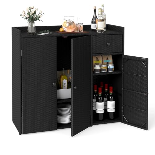 Tangkula Rattan Outdoor Storage Cabinet, Patiojoy Outdoor Cabinet with 2 Adjustable Shelves, 1 Drawer, 3 Doors, Patio Storage Deck Box Table for Patio Garden Poolside - color: Black, size: 39" x 15" x 38"