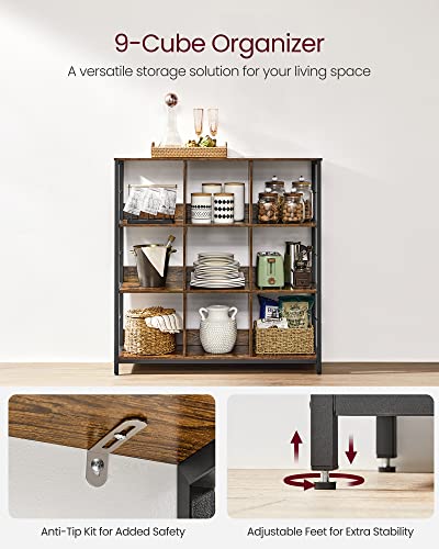 VASAGLE Bookshelf, Bookcase, 9 Cubes Storage Organizer, Industrial Open Display Shelf, for Bedroom, Office, Living Room, Metal Frame, Rustic Brown and Black ULLS112B01 - size: 11.8"D x 39.4"W x 40.6"H