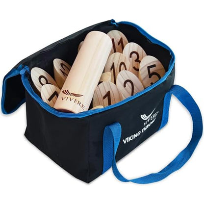 Vivere Viking Throw Tournament Edition, Outdoor Bowling Game Set for Kids & Adults with 12 Pins, Baton & Carry Bag for Backyard, Beach & Lawn Play