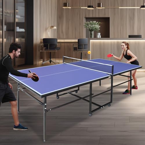 Ping Pong Table Foldable Indoor 8/8.5/9FT Single Player Playback Mode Game Set with Paddles and Balls - color: Blue-8.5x4.3FT