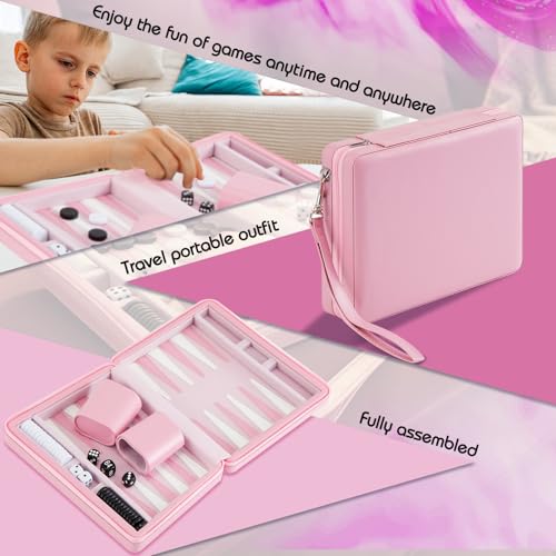 Jerify Travel Backgammon Set Board Games for Adults Portable Backgammon 9.4 x 7.1 inches Leatherette Case Classic Strategy Game for Families Companion Airplane, Camping(Pink) - color: Pink