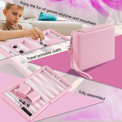 Jerify Travel Backgammon Set Board Games for Adults Portable Backgammon 9.4 x 7.1 inches Leatherette Case Classic Strategy Game for Families Companion Airplane, Camping(Pink) - color: Pink