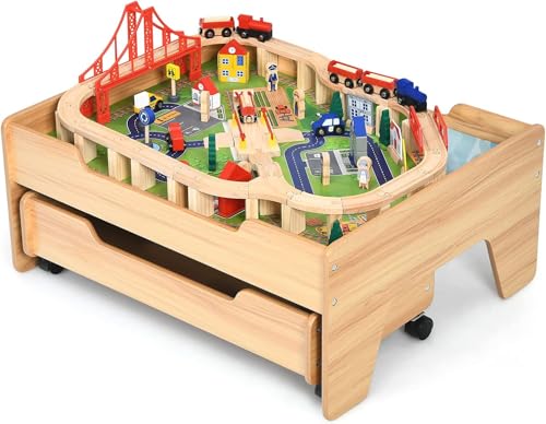 Costzon Wooden Train Table with 100 Multicolor Pieces | Kids Activity Table w/ Large Rolling Storage Drawer, Tracks, Cars, DIY Design, Train Set Table for Boys Girls Toddlers 3+ - size: 31" x 25" x 13" (L x W x H)