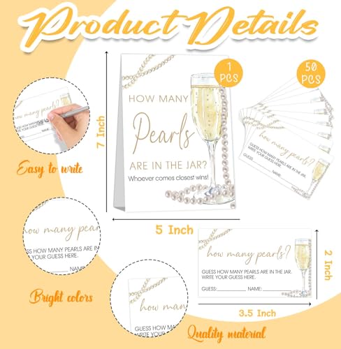 Guess How Many Cards, Guess How Many Pearls Are in the Jar, Party Games & Activities, Pearls Bridal Shower Decorations, 50 Cards and Sign - size: 5 x 7 inches