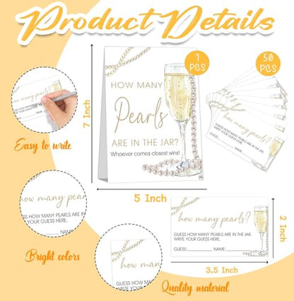 Guess How Many Cards, Guess How Many Pearls Are in the Jar, Party Games & Activities, Pearls Bridal Shower Decorations, 50 Cards and Sign - size: 5 x 7 inches