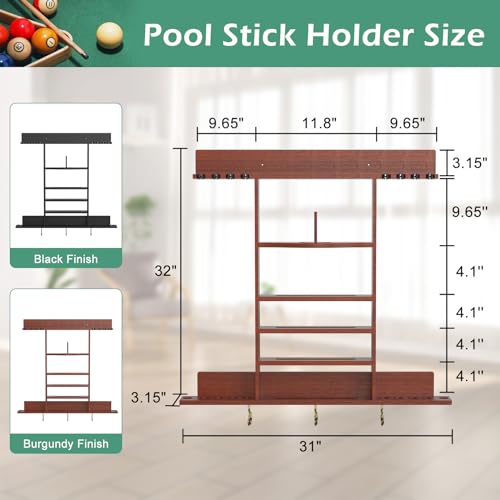 Pool Cue Rack 8 Pool Stick Holder Wall Mount 2-in-1 Pool Stick & Ping Pong Paddle Holder Billiard Cue Rack Solid Wood Billiard Table Accessories for Billiard Room, Game Room (Classic Burgundy)