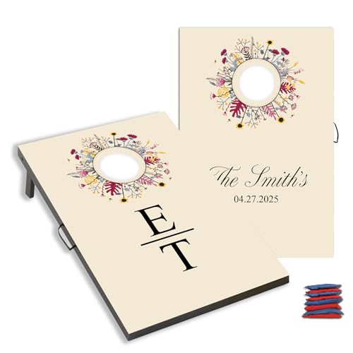 Custom Wedding Cornhole Set Flower Ring with Personalized Name and Wedding Date - Wedding Reception Games