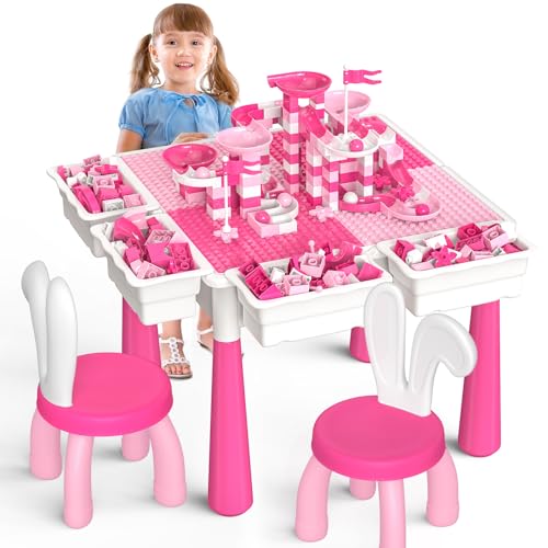 OCATO Kids Toddler Table and Chair Set: Water Table Activity Tables with 152Pcs Large Marble Run Building Blocks 2 Rabbit Chairs Storage All in One Play Sensory Sand Tables 3-6 Year Old Girl Toy Gift - color: Pink