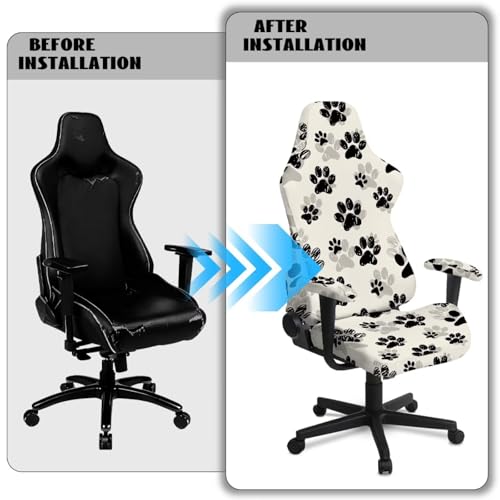 Suobstales Dog Paw Pattern Gaming Chair Covers, Stretchable Office Computer Chair Slipcover with Armrest Covers, Elastic Seat Protector for Office Reclining Racing Game Chair - color: Dog Paw