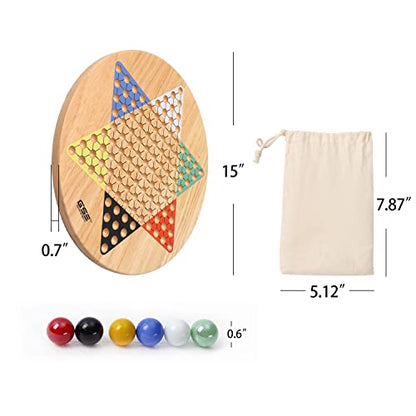 GSE Games & Sports Expert 15" Jumbo Oak Wood Chinese Checkers Board Game Set with Colorful Glass Marbles, Classic Strategy Family Board Game for Adults