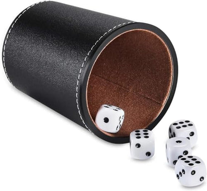 Leather Dice Cup Set, 5 Black Dice Cups + 25 Dices + Exclusive Storage and Transport Case Made of Faux Leather (Black x2) - color: 2 Pack Black