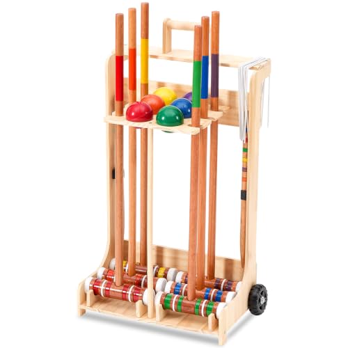 Hiboom 6 Player Croquet Set for Adults & Family with Rolling Wooden Stand, 32" Rubber Wood Mallets with Colorful Resin Balls, Vintage Outdoor Lawn Game Kit for Friends Backyard Park Party Supplies - size: 32 Inch