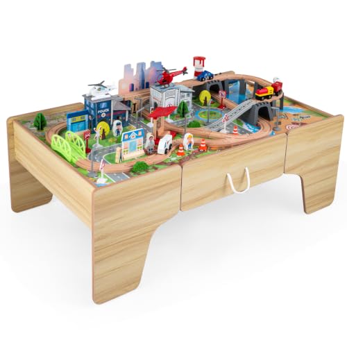 Costzon 110-Piece Wooden Train Table with Drawer for 3+ Years Old Toddlers | 3-in-1 Kids Activity Play Set w/ Reversible Tabletop, Storage Space, Train Tracks, Figures, Vehicles, and Buildings - size: 42" x 25" x 16" (L x W x H)