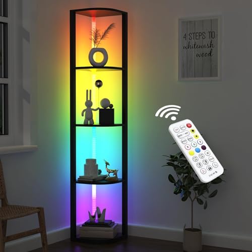 ROJASOP 5 Tiers Corner Shelf with Light Tall Display Shelf for Collectibles Control Multiple Color Lights via APP and Remote Control Floor Lamp with Shelf Supports Dimming for Living Room Bedroom Home