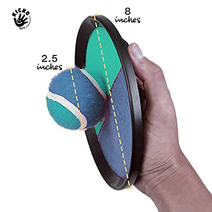 Kicko Toss and Catch Ball Game - Purple and Teal -Paddle Balls with Catcher Mitts, Hard and Soft Tennis Balls, & Travel Case - for Kids Indoor or Outdoor Team Sports, Backyard or Beach NEW & Improved