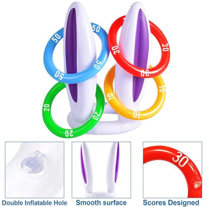 [16 Score Rings ] 4 Pack Easter Inflatable Bunny Rabbit Ears Ring Toss Game Easter Basket Stuffers for Kids Party Games Inflatable Gifts for Indoor Outdoor Toys Party Supplies Family Game