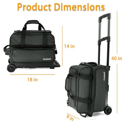 Goloni Double Roller 2 Ball Bowling Bag with Separate Shoe Compartment,2 Ball Bowling Bag with Wheels,Retractable Handle Extends to 40" - color: Dark Grey