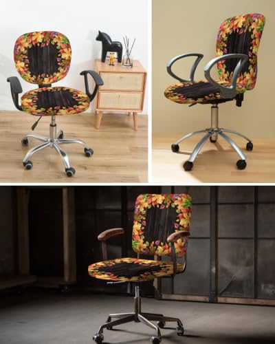 Savannan Office Chair Cover, Fall Watercolor Maple Leaves Protective Stretch Elastic Universal Cover for Desk Task Chair,Computer Rotating Chair 1 Pcs Thanksgiving Plant on Dark Wood