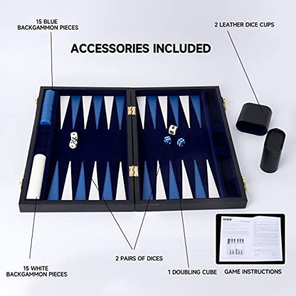 GSE Premium Leather Backgammon Board Game Set, Black&Blue, Small | Premium Leather, Travel Folding Board, Classic Game Set, Leather Case Included - color: Leather-black&blue, size: Small