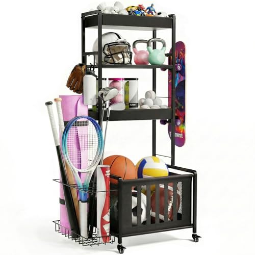 Faesun Sports Equipment Organizer, Ball Storage Rack for Garage, 4-Tier Indoor/Outdoor Rolling Ball Carts with Wheels for Toy Sports Gear Storage, Black - size: Standard(Small)