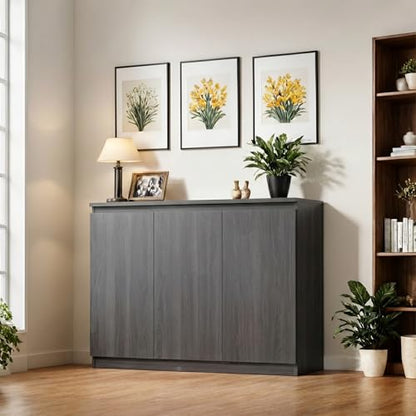 holzart 43" Dark Grey Buffet Cabinet Sideboard with Storage - Modern 3-Door Wood Grain Kitchen Cupboard & Coffee Bar Station for Dining Room, Living Room - Adjustable Shelf, 43.3" W x 31.5" H - color: Dark Grey