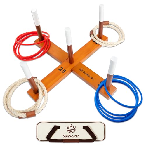 SunNordic Outdoor Ring Toss Game Set, Wooden Lawn Games with Carry Bag | Fun Beach Game for Kids, Adults ＆ Family, Backyard Party Activities, Yard Games - color: Yellow Brown