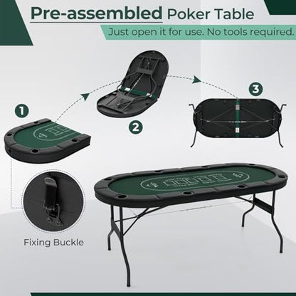 8 Player Foldable Poker Table Top 4-in-1 Casino Game Set for Texas Hold'em, Blackjack, Hi-Lo Dice & Roulette, Portable Folding Table Mat with Cup Holders & Full Props for Home Party, Game Night