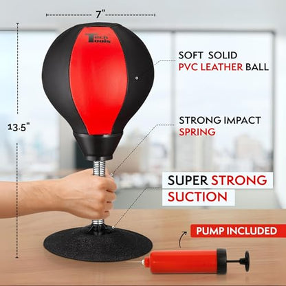 Tech Tools Stress Buster Desktop Punching Bag - Suctions to Your Desk, White Elephant Gifts for Coworker Men and Women, Heavy Duty Stress Relief Ball, Gag Gifts Funny Desk Accessories - color: Red/Black
