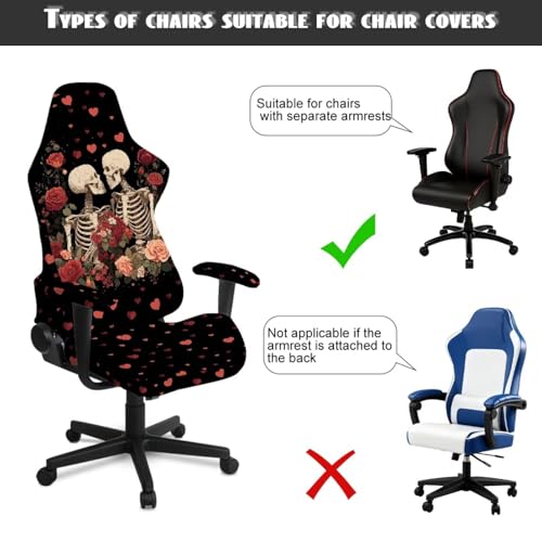 Skeleton Rose Print Game Chair Covers Slipcover Scratch Proof Anti-Dust Gaming Chair Cover with Armrest Covers for Computer Office Seats - color: Black and Multi - Skeleton Rose